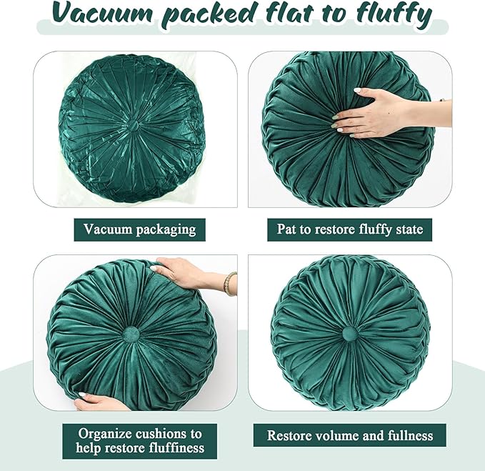 Drydiet 3 Pcs Round Throw Velvet Pillows Decorative Pleated Throw Pillows 15'' Diameter Accent Pumpkin Boho Chair Cushion for Couch Sofa Home Decoration (White,Light Green,Green)