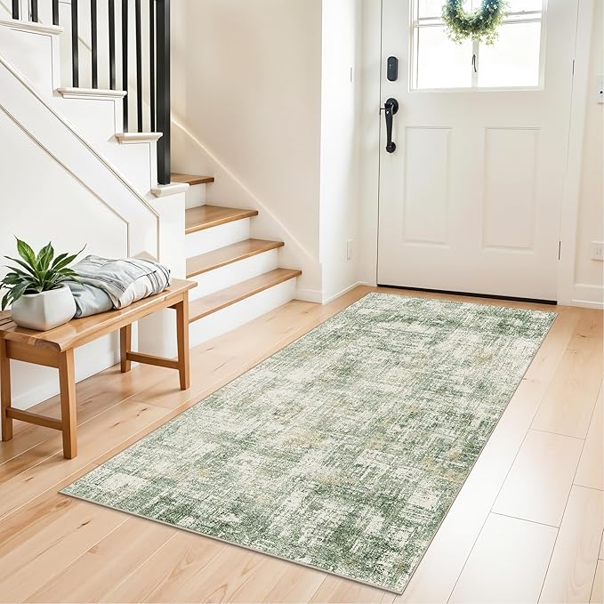 3x6 Washable Wide Runner Rug – Non-Slip Floor Carpet Runner for Kitchen Entryway Hallway Bathroom, Modern Abstract Low Pile Thin Area Rug (Sage Green)