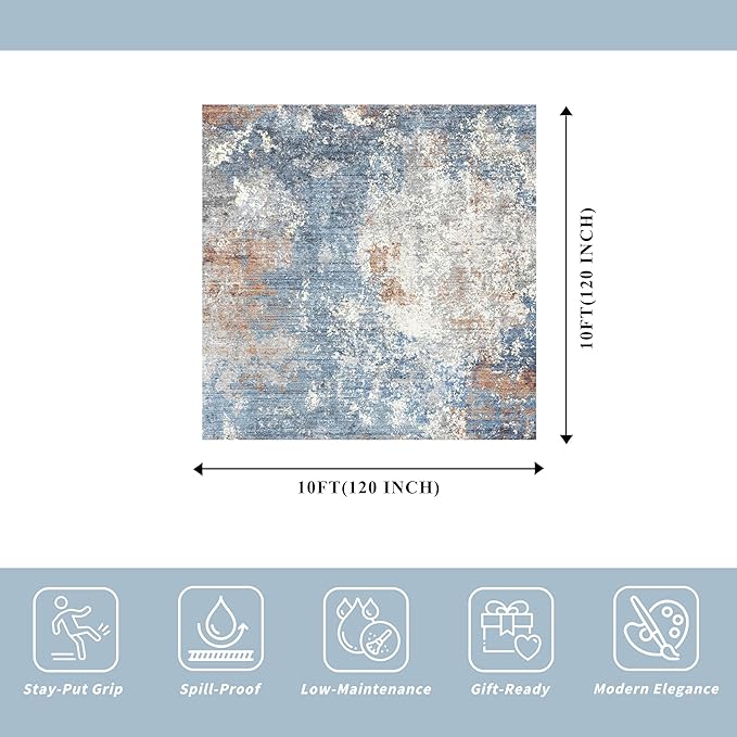 10x10 ft Square Living Room Rug – Washable Modern Abstract Area Rug for Bedroom, Dining Room, Playroom – Neutral Non-Slip Low-Pile Thin Indoor Carpet (Blue Rust,10x10)
