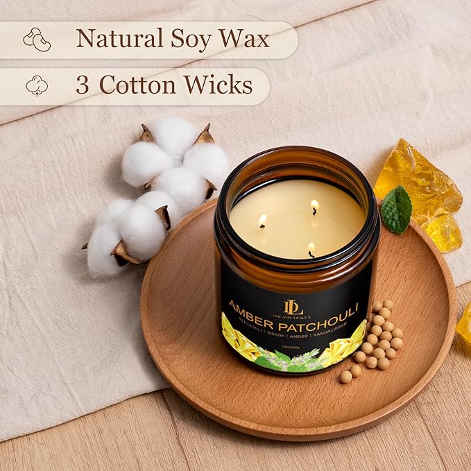 Amber Patchouli Scented Candle, 12oz 60 Hour Long Lasting Candles, Large 3 Wick Natural Soy Candles for Home Scented, Candle Gifts for Women Men
