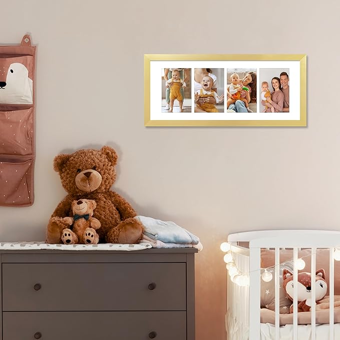 VIOLABBEY 8x20 Collage Picture Frame, Fits Four 4x6 Photos With Mat or One 8x20 Picture Without Mat for Wall Decor, Gold