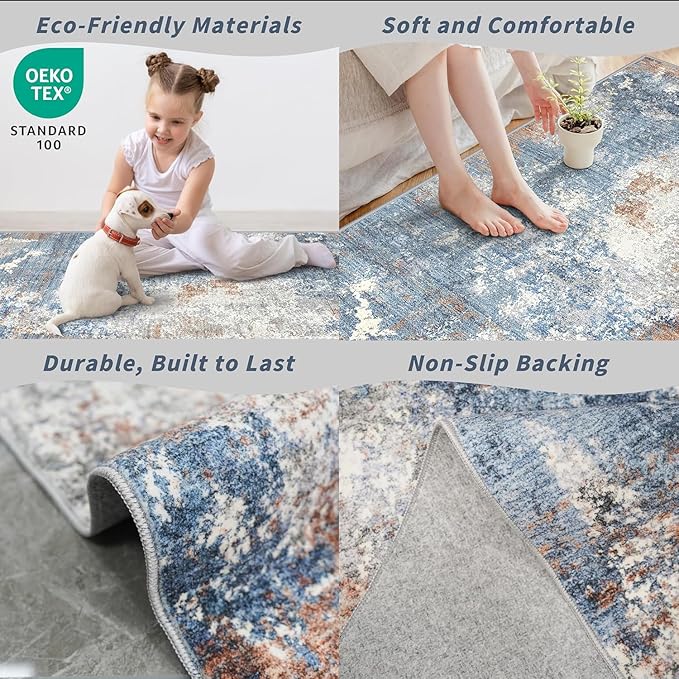 2x4 Runner Rug Washable Non-Slip – Small Throw Rug for Kitchen Floor, Bedroom, Entryway, Bathroom, Bedside – Modern Abstract Neutral Low-Pile Thin Indoor Door Mat（Blue Rust,2x4）