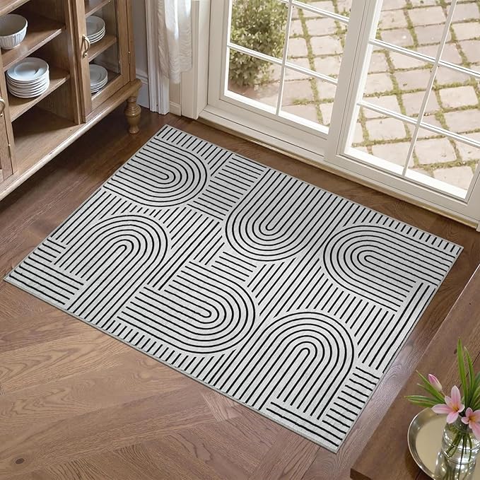 Washable Rug 2x3 Area Rugs for Entryway, Abstract Rug for Bedroom, Soft Rainbow Non Slip Small Area Rug with Rubber Back, Low Pile Stain Resistant Boho Geometric Carpet for Dining Room, Blackwhite