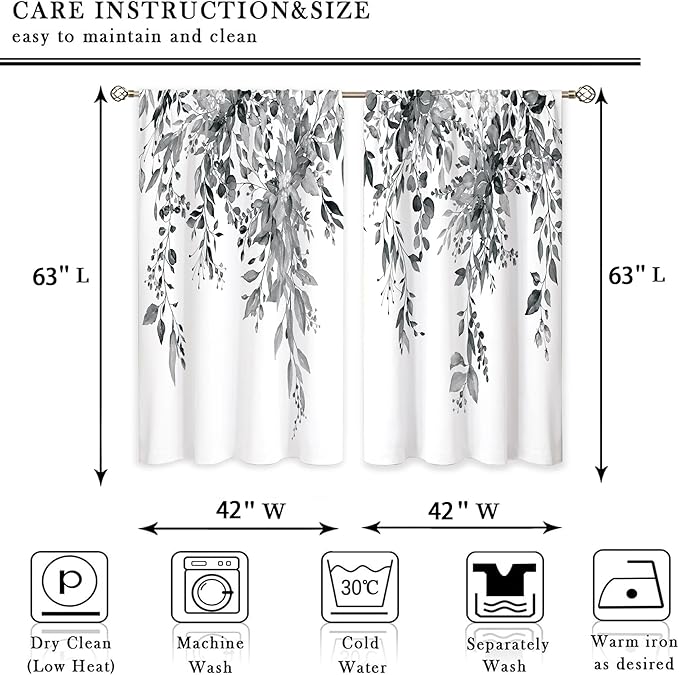 Grey Eucalyptus Botanical Leaves Floral Window Curtains Watercolor Black White Flower Plant Wildflower Farmhouse Curtain Drapes Herb Curtains for Bedroom Living Room Treatment 42Wx63H Inch