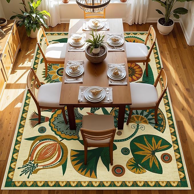 Joydeco Egypt Floral Boho 6x9 Area Rugs for Living Room, Beige Washable Bedroom Dining Room Rug Non Slip, Low Plie Vintage Soft Indoor Throw Carpet for Playroom Nursery Dorm Classroom
