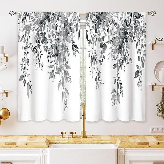 Eucalyptus Botanical Leaves Grey Floral Kitchen Window Curtains Over Sink Farmhouse Flower Leaf Small Window Treatment Cafe Short Curtains for Bathroom Treatment Tier Drapes 26x30 inch