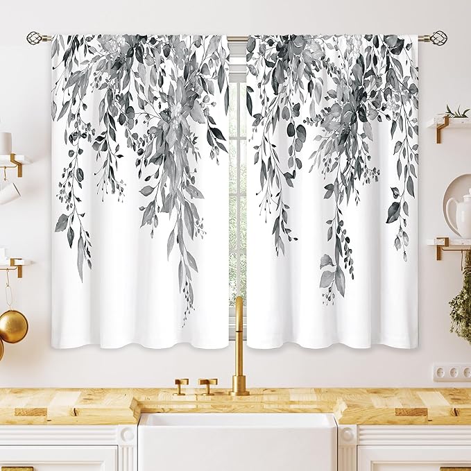 Eucalyptus Botanical Leaves Grey Floral Kitchen Window Curtains Over Sink Farmhouse Flower Leaf Small Window Treatment Cafe Short Curtains for Bathroom Treatment Tier Drapes 26x45 inch