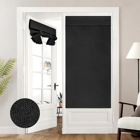 HOMEIDEAS 100% Black Linen Blackout French Door Curtains, Privacy Door Window Curtains, 34 X 68 Inch Room Darkening Blinds, Thermal Insulated Shades for Bedroom, 1 Panel