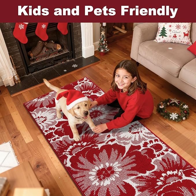 Findosom Christmas Runner Rug 2x6, Non Slip High-Low Textured Floral Washable Runner Rug with Rubber Backing, Boho Carpet Runners for Hallway, Kitchen, Entryway, Bedroom, Laundry & Holiday Decor, Red