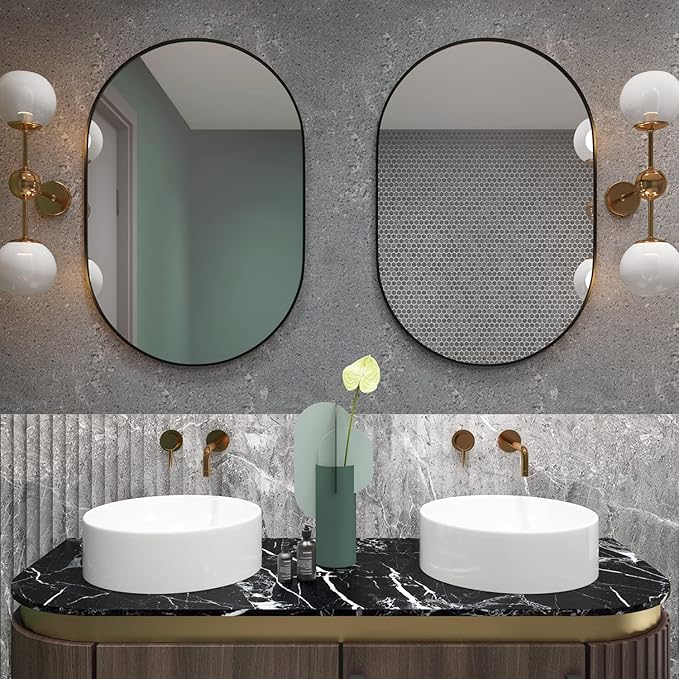 2 Piece Oval Bathroom Mirror Capsule Wall Vanity Mirror, 20"x30" Pill Mirrors Wall Mounted Mirror, Large Modern Mirror with Black Metal Frame, Decor for Entryway, Bedroom, Living Room