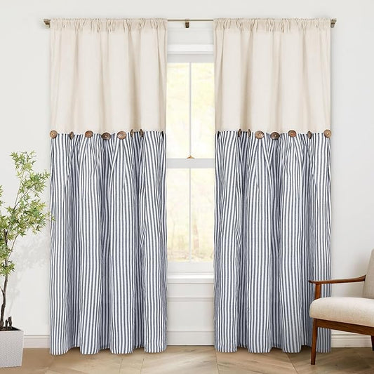 ASPMIZ Cotton Linen Farmhouse Curtains Boho Rustic Button Drapes, Linen Window Curtain Panels, Blue Stripe Country Curtain for Living Room, Modern Back Tab Blackout Curtains 52 x 84 Inch, 2 Panels
