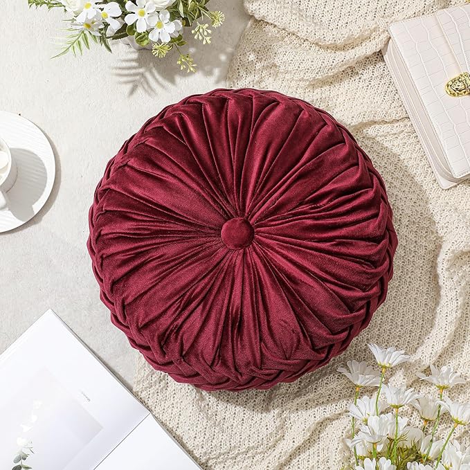 Drydiet 1 Pcs Round Throw Velvet Pillows Decorative Pleated Throw Pillows 15'' Diameter Accent Pumpkin Boho Chair Cushion for Couch Sofa Home Decoration (Burgundy)