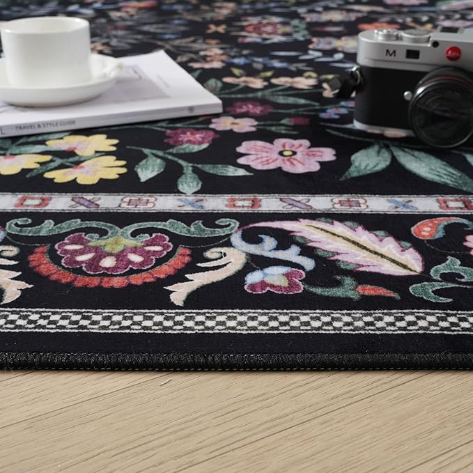 Rugcomf 2x5 Runner Rug - Floral Machine Washable Kitchen Rug, Non-Slip Low Pile Boho Carpet for Hallways, Laundry, Entryway, Bedroom, Bathroom - Vibrant Black