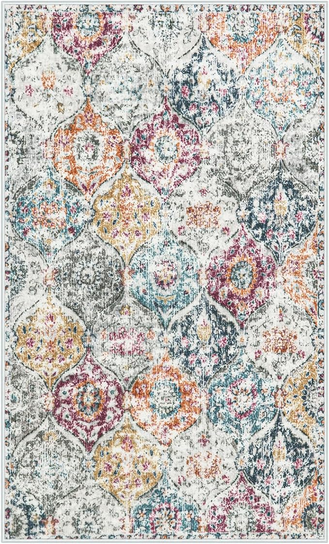 Lahome Moroccan Trellis Washable Small Area Rug, 3x5 Black Rug for Bedroom Living Room, Non-Slip Oriental Accent Throw Carpet for Kitchen Office Entryway Bathroom Office Elise, Aqua/Multi