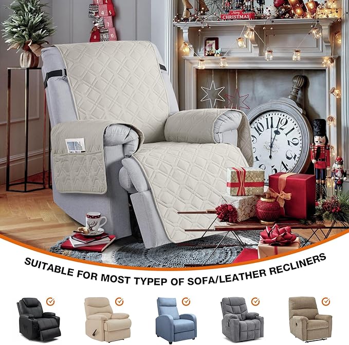 VANSOFY 100% Waterproof Recliner Chair Covers, Recliner Cover Non-Slip Dog Chair Cover Furniture Protector Washable Slipcover with Pocket, Elastic Straps for Pets, Dogs(Beige, 23.6")