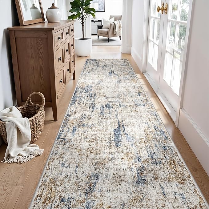 3x10 Ft Long Hallway Runner Rug - Non-Slip Washable Kitchen Runner Rug with Rubber Backing | Modern Abstract Wide Floor Carpet Runner for Indoor Entryway, Bedroom, Living Room （Blue Brown）