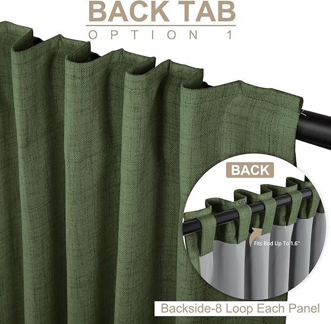 100% Blackout Shield Linen Blackout Curtains for Bedroom 108 Inches Long, Back Tab/Rod Pocket Living Room Drapes, Thermal Insulated Blackout Curtains 2 Panels Set, 50" W x 108" L, Moss Green