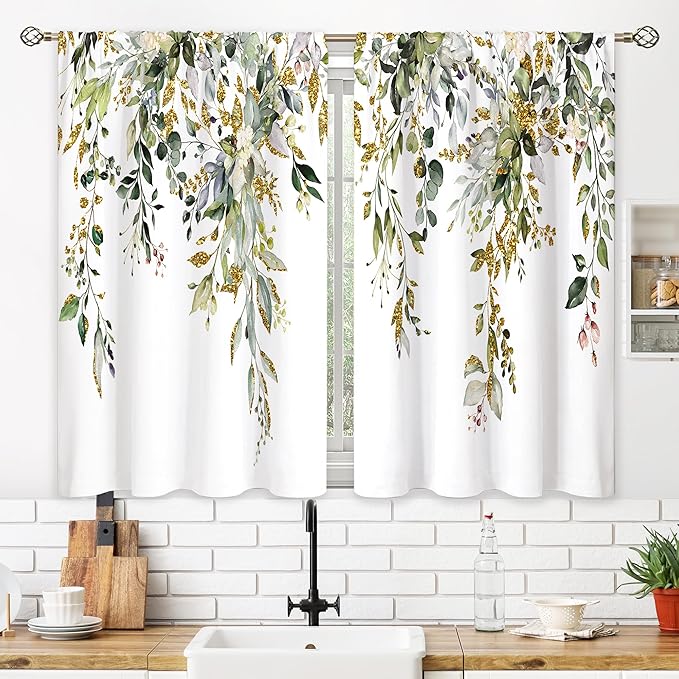 Eucalyptus Botanical Leaves Green Gold Floral Kitchen Window Curtains over Sink Farmhouse Flower Leaf Small Window Treatment Cafe Short Curtains for Bathroom Treatment Tier Drapes 27.5x39 inch