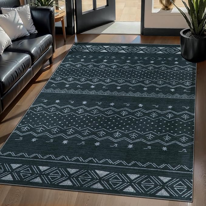 SERISSA 3x5 Area Rugs for Living Room, Washable Non-Slip Grey Small Boho Rug, Soft Low-Pile Geometric Indoor Throw Carpet for Bedroom Kitchen Dining Room Office