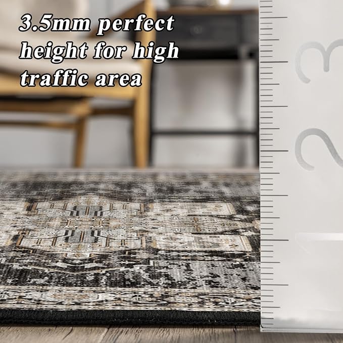 RUUGME 2x2 Washable Bathroom Area Rug, Non-Slip Vintage Oriental Low Pile Carpet, Soft Floor Mat for Entryway, Kitchen Sink, Laundry Room,Stain Resistant Home Decor Mat for Small Space 24x24 Black