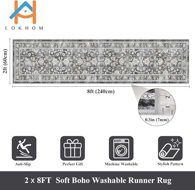 LOKHOM Washable Runner Rug, 2x8 Non-Slip Vintage Hallway Runner Rug with Rubber Backing, Boho Floral Soft Faux Wool Kitchen Rug Carpet Runner for Laundry Entryway Bedroom (Charcoal Grey)