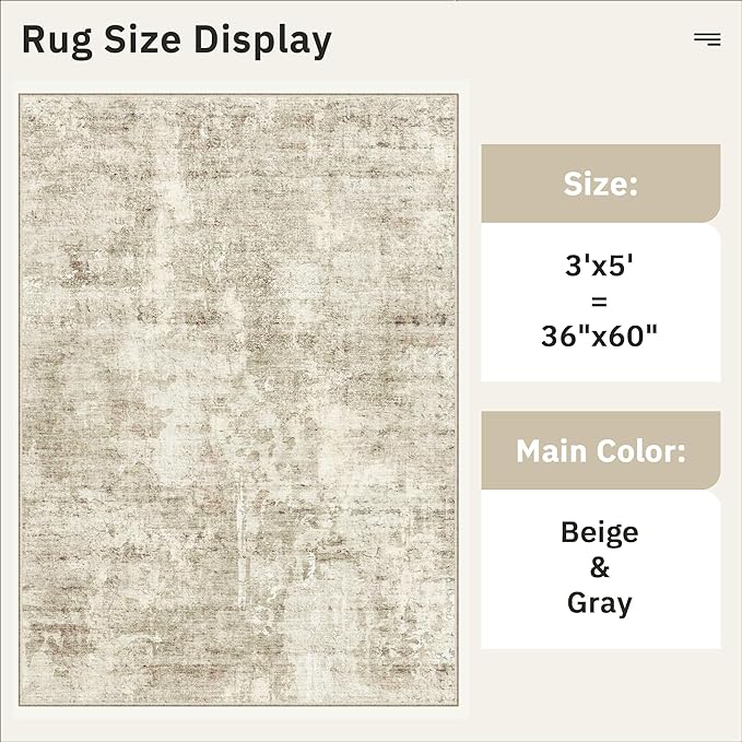 Soalmost 3x5 Rug, Small Area Rug for Kitchen, Entryway, Machine Washable Non-Slip Throw Rug, Vintage Carpet for Nursery Coffee Table Beige/Gray
