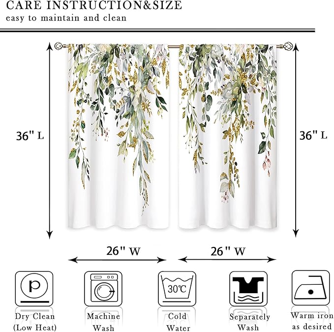 Green Gold Eucalyptus Botanical Leaves Floral Small Kitchen Curtains Flower Window Treatment Wildflower Plant Cafe Short Window Curtains for Bathroom Room Tier Treatment Drapes 26x36 inch