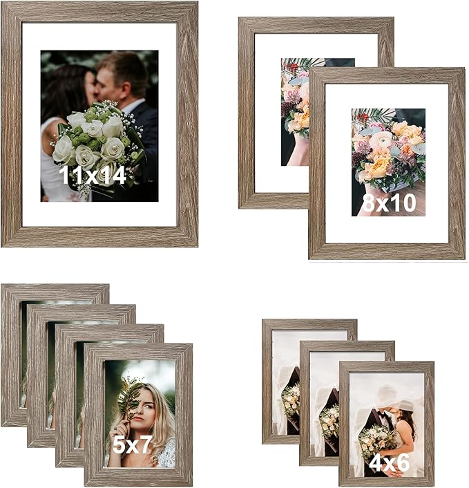 SESEAT Picture Frames Collage, Gallery Wall Frame Set with 11x14 8x10 5x7 4x6 Frames in Light Brown Finishes, Set of 10