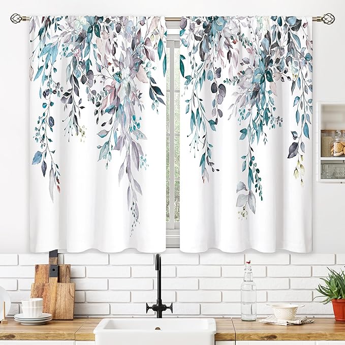 Blue Grey Eucalyptus Botanical Leaves Floral Kitchen Window Curtains Over Sink Farmhouse Flower Leaf Small Window Treatment Cafe Short Curtains for Bathroom Treatment Tier Drapes 26x45 inch