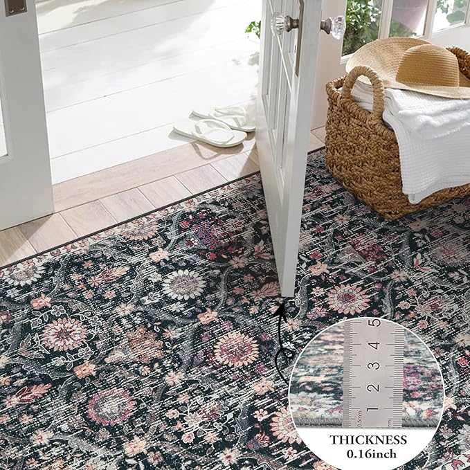 Lahome Moroccan Trellis Kitchen Runner, 2x5 Rug Runners for Hallways Non Slip Laundry Room Rug, Ultra-Thin Washable Vintage Carpet for Bedroom Bathroom Elise, Black/Multi