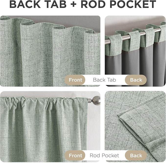 Joydeco Blackout Curtains for Bedroom - 100% Light Blocking 2 Panels Sage Green Drapes 37" W x 63" L, Thermal Insulated Room Darkening Curtains, Linen Textured for Living Room, Rod Pocket & Back Tabs