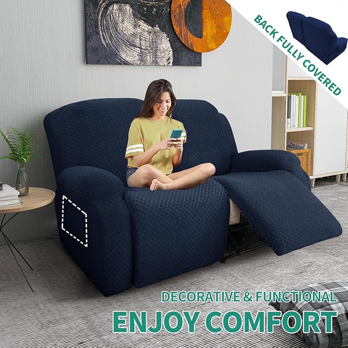 YEMYHOM 6 Pieces Stretch Loveseat Recliner Slipcover Jacquard Recliner Sofa Cover with Side Pocket Fitted Recliner Cover Couch Furniture Protector with Elastic Bottom (Loveseat Recliner, Navy)