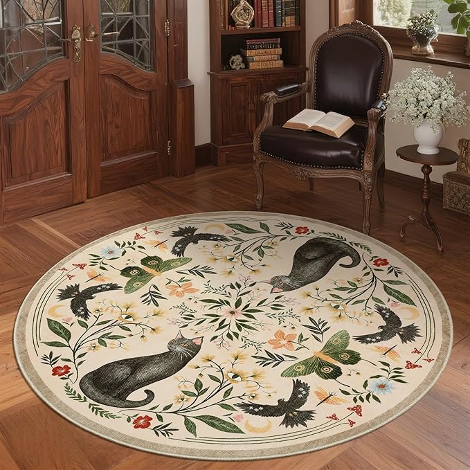 GarveeHome Round Area Rugs 5ft for Bedroom, Cat Beige Washable Circle Rug Soft Non Slip Mushroom Floral Floor Mat Carpet Indoor Thin Rug for Bedroom Dining Room Playroom Nursery Gothic Decor