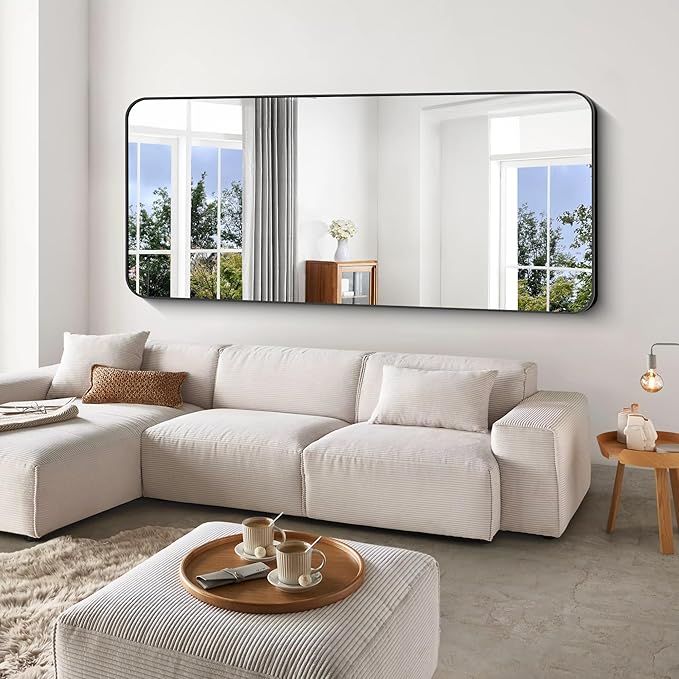Large Bathroom Mirror, 72x30 inch Black Metal Frame Rectangular Vanity Mirror, Rounded Corner Wall Mounted Rectangle Mirrors for Bedroom Living Room Hangs Horizontal Or Vertical