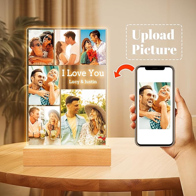 Custom Picture Frames with Photo, Personalized Photo Frame with Night Light, Customized Picture Frame, Personalized Anniversary Birthday Gifts for Women Men Her Him Girlfriend Boyfriend Couple
