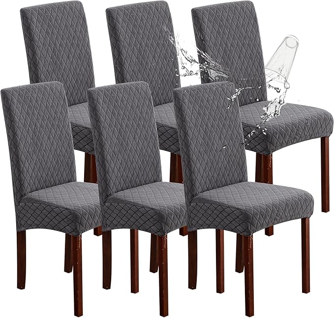 Genina 100% Waterproof Chair Covers for Dining Room Set of 6, Large Dining Room Chair Covers Protectors Stretch Kitchen Parson Chair Slipcovers for Home, Restaurant (Large, Argyle-Dark Gray)