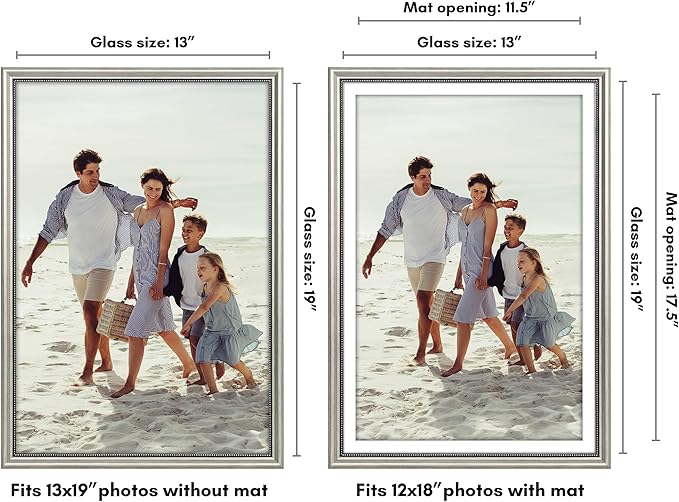 Americanflat Vintage Frames - 13x19 Picture Frame with Beaded Accents and Polished Plexiglass - Use as 12x18 Frame or Display 13x19 Photos Without Mat - Heirloom Collection - Wall Display - Silver