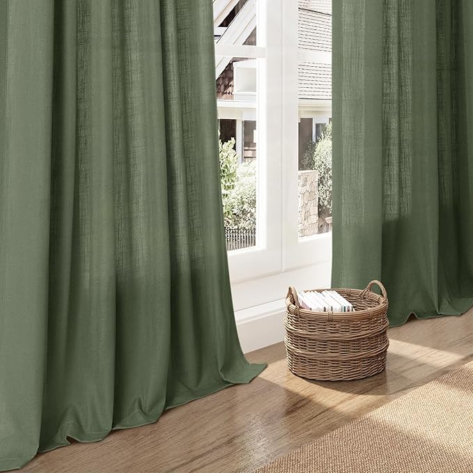 Nanspring Forest Green Linen Curtains for Living Room 72 Inches Long Light Filtering Semi Sheer Curtain Back Tab and Rod Pocket Wabi Sabi Boho Decor Luxury Drapes for Bedroom Office 52x72, 2 Panels