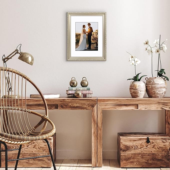 Americanflat 11x14 Picture Frame with Shatter-Resistant Glass - Use as 8x10 Frame with Mat or Display 11x14 Photo Without Mat - Ornate Picture Frames for Wall Display - Silver