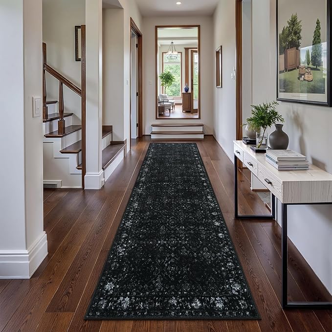 Hedlive Vintage Black Washable Hallway Runner Rug, 2.6x8 Non Slip Runnersfor Hallways Entrance Indoor,Extra Long Kitchen Rug Runner, Soft Floor Carpet for Entry Laundry Bedroom (2'6"x8', Black)