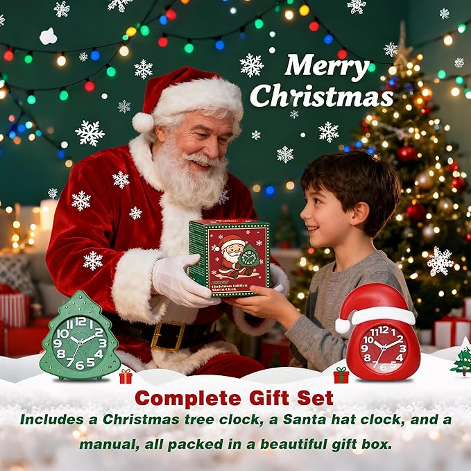 AYRELY?? Christmas Alarm Clock Gift Set ?€? 2 Silent Analog Clocks (Santa Hat & Christmas Tree), Ready-to-Gift Holiday Edition for Kids & Family, with Festive Gift Box