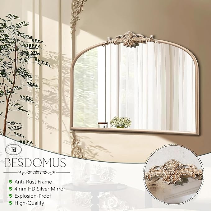 Besdomus Arched Vintage Gold Mirror: 32"x24" French Large Champagne Gold Antique Vanity Wall Mirror - Baroque Traditional Ornate for Fireplace/Bathroom/Living Room - Wall Decor for Fashion-Conscious