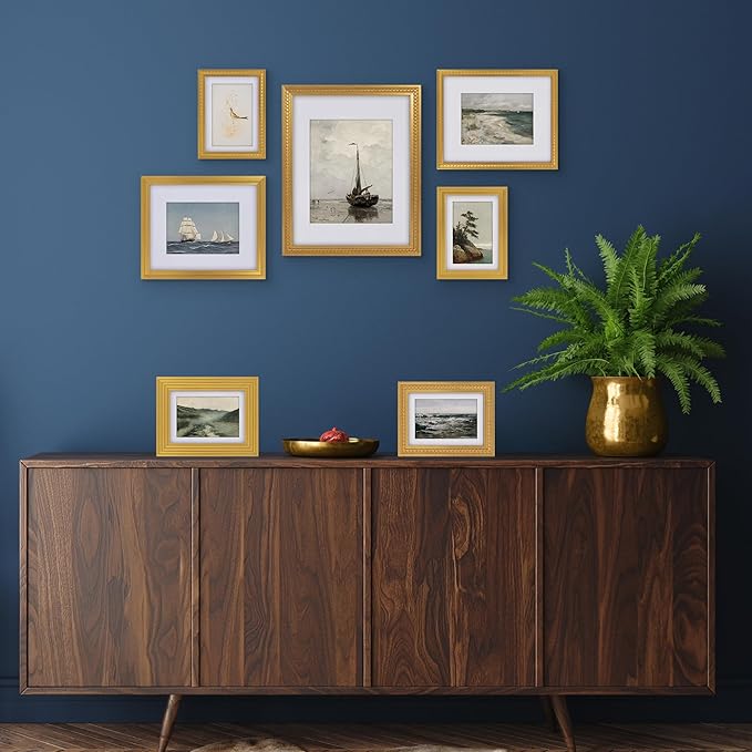 Americanflat Set of 7 Vintage Gold Frames with Polished Clear Glass - Gallery Wall Frame Set with One 11x14 Frame, Two 8x10 Frames, and Four 5x7 Frames - Antique Frames for Tabletop or Wall Display