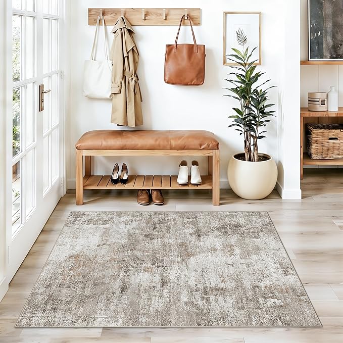 3x4 Washable Entryway Area Rug - Non-Slip Modern Small Indoor Mat for Bathroom,Living Room,Bedroom - Abstract Neutral Soft Low-Pile Throw Carpet with Rubber Backing (Beige Grey)