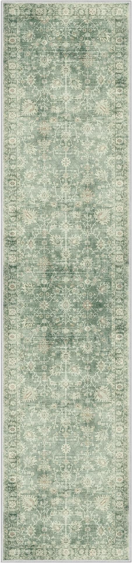 GENIMO Runner Rug for Hallways Machine Washable, 26x6 Non Slip Boho Vintage Lightweight Washable Runners, Thin Floor Rugs for Entryway Hallway Bathroom Laundry Room Corridor, Light Sage