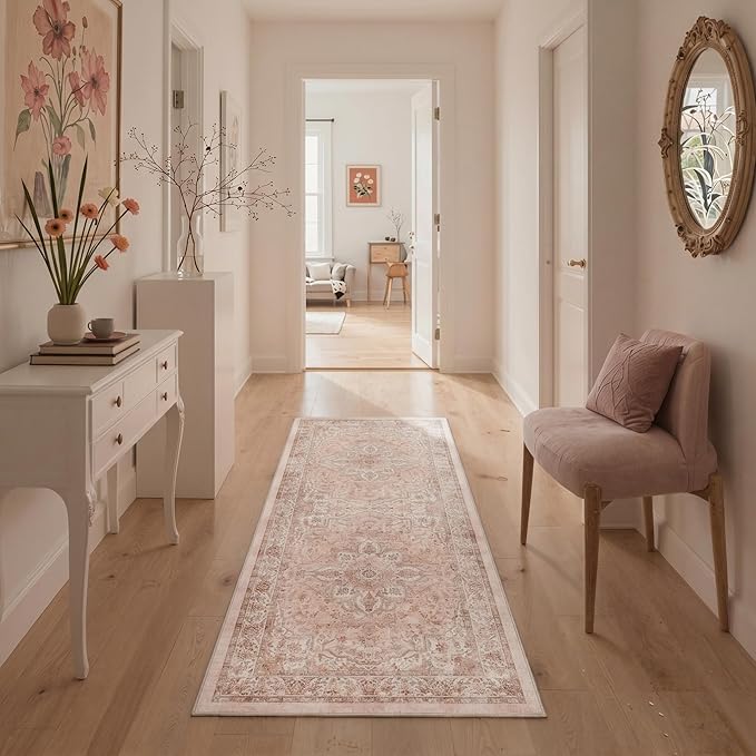 GENIMO Runner Rug for Hallways Machine Washable, 2x8 Non Slip Boho Vintage Lightweight Washable Runners, Thin Floor Rugs for Entryway Hallway Bathroom Laundry Room Corridor, Pink