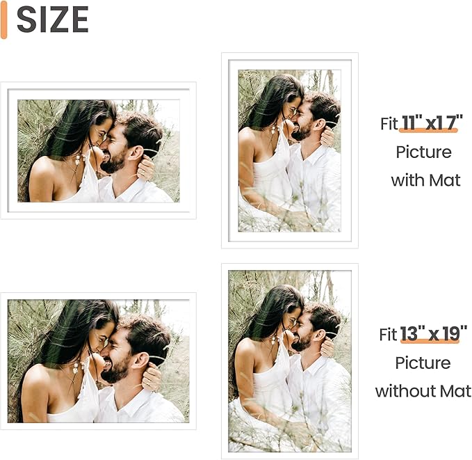 upsimples 13x19 Picture Frame, Display Pictures 11x17 with Mat or 13 x 19 Without, Wall Hanging Poster Frames, White, 1 Pack