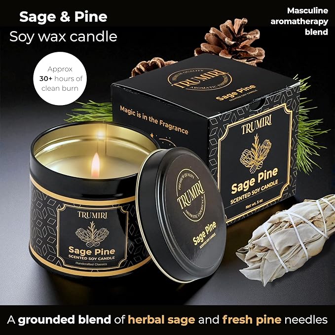 Sage & Pine Candle Strong Scented Soy Candel Natural Non Toxic Velas Aromáticas for Cleansing Gift for Fall Christmas Holidays Pack of 1 5Oz Decorartive Travel Tin