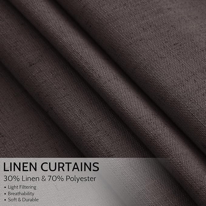 Nanspring Cocoa Coffee Linen Blend Light Filtering Back Tab Curtains 96 Inches Long, Semi Sheer Privacy Drapes for Living Room & Bedroom, 52x96 inch, 2 Panels
