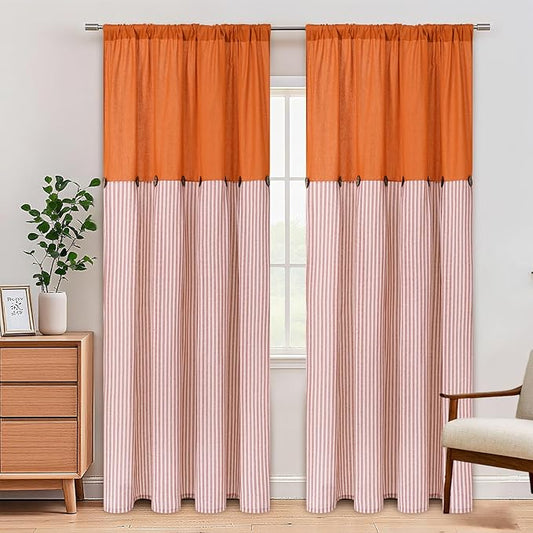 ASPMIZ Cotton Linen Curtains for Living Room, Rod Pocket & Back Tab Boho Curtains for Bedroom, Country Farmhouse Striped Curtain with Rustic Buttons, Home Decor, Orange, 52 x 84 Inch, 2 Panels